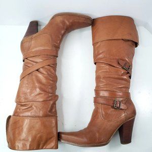 Bronx Fold Over Western Boots Sz 8.5  Knee High Equestrian Buckle Heeled Boot